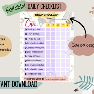 Daily Checklist Printable for Kids, Personalized Chore Chart Printable, Customizable Daily Checklist, Homeschool task tracker
