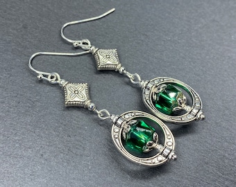 Green Boho Earrings, Ornate Ethnic Drop Earrings, Long Silver Dangle Earrings, Czech Glass Earrings, Hippie Long Drop Earrings
