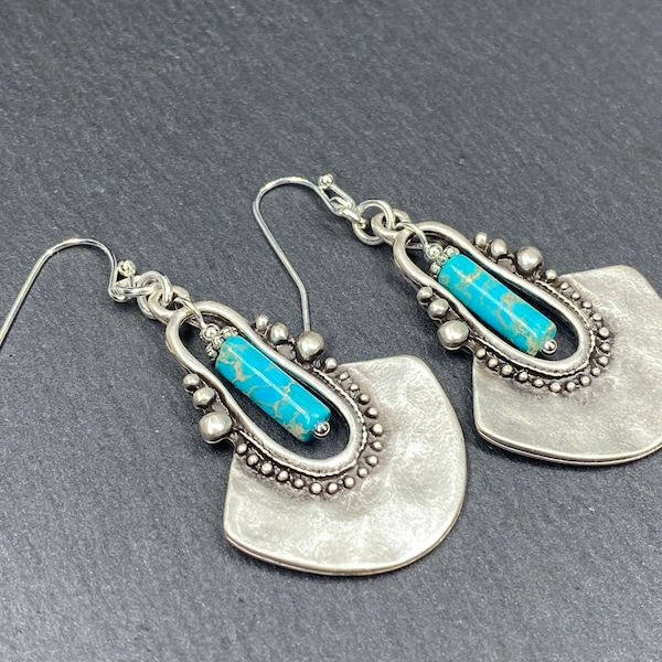 Boho Turquoise Earrings, Ornate Ethnic Earrings, Silver Dangle Earrings, Jasper Earrings, Bohemian Drop Earrings, Silver Hippie Earrings