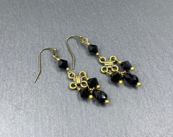 Jet Chandelier Earrings, Boho Black Earrings, Crystal Earrings, Bohemian Dangle Earrings, Antique Bronze Earrings, Hippie Drop Earrings