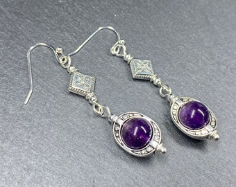 Purple Boho Earrings, Amethyst Drop Earrings, Silver Bohemian Earrings, Long Dangle Earrings, Ethnic Ornate Drop Earrings