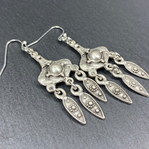 Silver Boho Chandelier Earrings, Ornate Drop Dangle Earrings, Hippie Charm Earrings, Sterling Silver, Ethnic Earrings, Bohemian Earrings