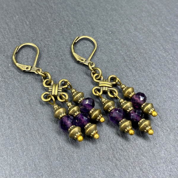 Amethyst Chandelier Earrings, Boho Purple Earrings, Antique Bronze Earrings, Bohemian Short Drop Earrings, Dangly Hippie Earrings