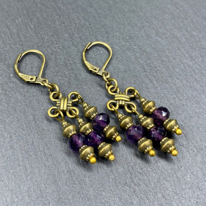 Vintage Bow-Linked Drop Earrings with Purple Teardrop Pendant