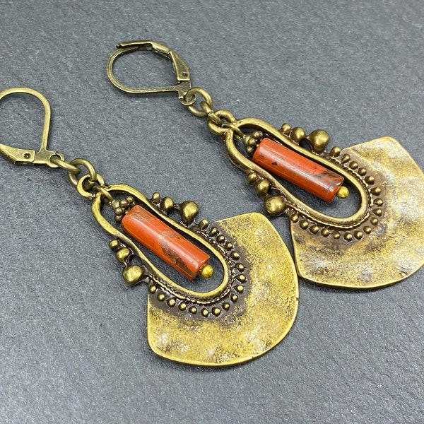 Red Jasper Boho Earrings, Ornate Ethnic Earrings, Antique Bronze Earrings, Bohemian Dangle Earrings, Hippie Drop Earrings