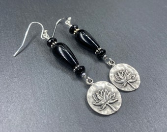 Black Onyx Earrings, Lotus Flower Earrings, Long Silver Drop Earrings, Bohemian Dangle Earrings, Onyx Teardrop Earrings