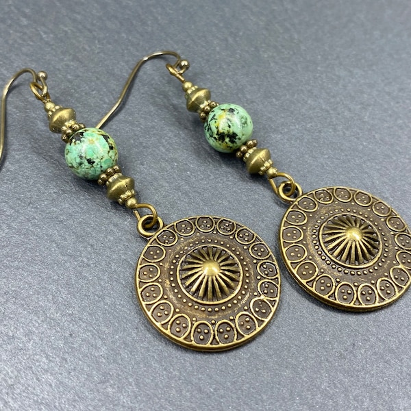 Turquoise Earrings, Bronze Disc Earrings, Boho Earrings, Antique Bronze Earrings, Long Drop Earrings, Dangly Earrings, Hippie Earrings