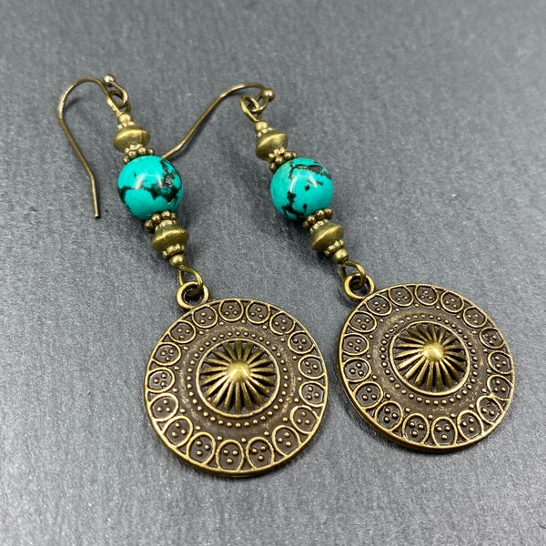 Turquoise Mandala Earrings, Bronze Disc Earrings, Boho Earrings, Long Drop Earrings, Antique Bronze Earrings, Hippie Earrings