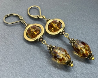 Boho Czech Glass Earrings, Antique Bronze Earrings, Hippie Drop Earrings, Long Dangle Earrings, Boho Earrings, Dangly Earrings