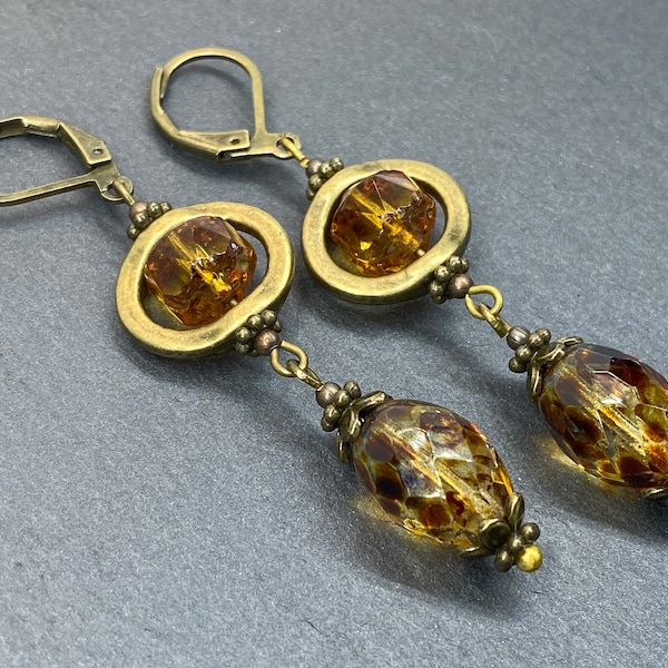 Boho Czech Glass Earrings, Antique Bronze Earrings, Hippie Drop Earrings, Long Dangle Earrings, Boho Earrings, Dangly Earrings