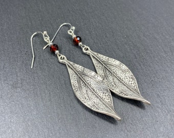 Red Boho Earrings, Leaf Earrings, Silver Garnet Earrings, Bohemian Long Silver Earrings, Hippie Drop Dangle Earrings, Sterling Silver