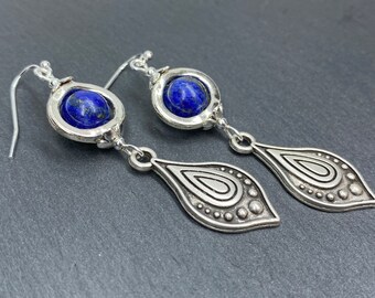 Boho Blue Teardrop Earrings, Lapis Lazuli Earrings, Ornate Silver Earrings, Bohemian Earrings, Dangly Ethnic Earrings