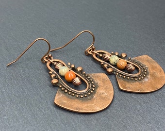 Boho Jasper Earrings, Antique Copper Earrings, Ethnic Earrings, Hippie Earrings, Long Dangle Earrings, Drop Earrings, Ornate Dangly Earrings