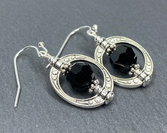 Ornate Short Drop Crystal Earrings, Short Dangle Earrings, Black Crystal Drop Earrings, Sterling Silver, Bohemian Earrings, Hippie Earrings