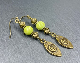 Serpentine Earrings, Boho Green Earrings, Bronze Spiral Earrings, Short Drop Earrings, Dangly Earrings