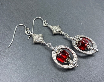 Red Boho Earrings, Czech Glass Earrings, Silver Bohemian Earrings, Ethnic Ornate Drop Earrings, Hippie Long Dangle Earrings