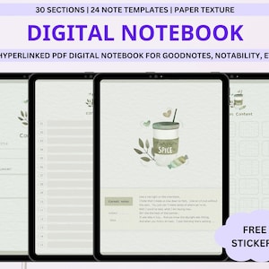Cute Green Digital Notebook with Tabs, Goodnotes + Notability, Digital Planner for Ipad, Digital Journal, Note Templates, Japanese Aesthetic