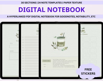 Süßes grünes digitales Notizbuch mit Tabs, Goodnotes + Notability, digitaler Planer für Ipad, digitales Journal, Notizvorlagen, japanische Ästhetik