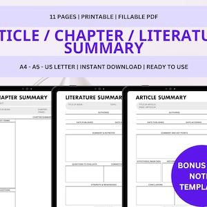 Puede incluir: Tres plantillas digitales imprimibles para resumir artículos, capítulos y literatura. Cada plantilla incluye secciones para el título, el autor, la fecha de publicación, los términos clave, el resumen, las preguntas, las fortalezas y las debilidades. Las plantillas están diseñadas para los tamaños de papel A4, A5 y US Letter.