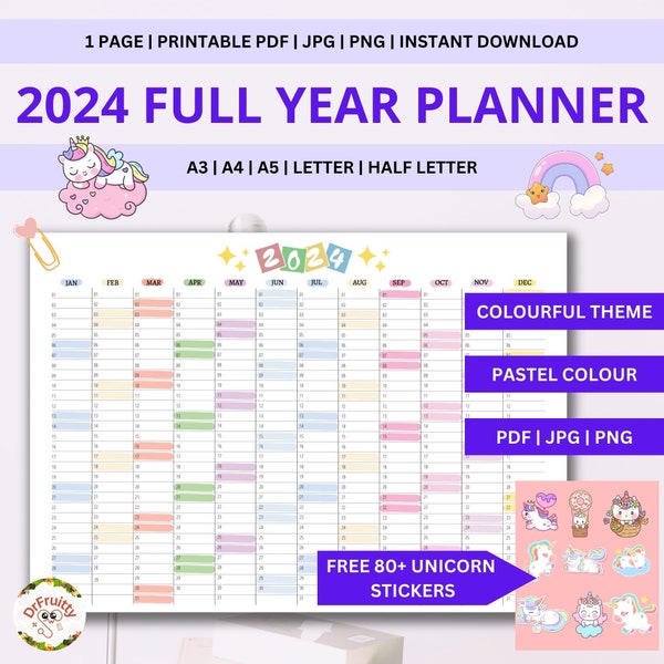 2024 Year Planner, Yearly Overview Printable, Year Planner on 1 Page, Minimalistic Calendar Printable, Year Tracker, A3/A4/A5/Letter/Half