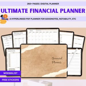 May include: A digital financial planner with a brown cover and the words "Financial Planner" in script. The image includes several tablet screens displaying planner pages, with text that reads "Ultimate Financial Planner" and "Minimalist".