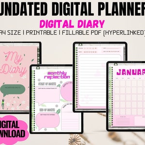 May include: A digital planner with a pink and green color scheme. The planner includes a cover page with the text "My Diary", a monthly reflection page, and a calendar page for January. The planner is available as a printable, fillable PDF.