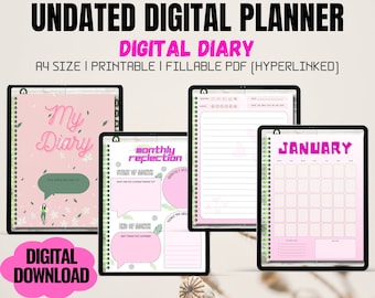 May include: A digital planner with a pink and green color scheme. The planner includes a cover page with the text "My Diary", a monthly reflection page, and a calendar page for January. The planner is available as a printable, fillable PDF.