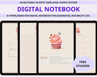 Cuaderno digital con retrato de GoodNotes, cuaderno digital de 30 pestañas para GoodNotes, cuaderno de Notability, plantilla de notas digitales, cuaderno para estudiantes