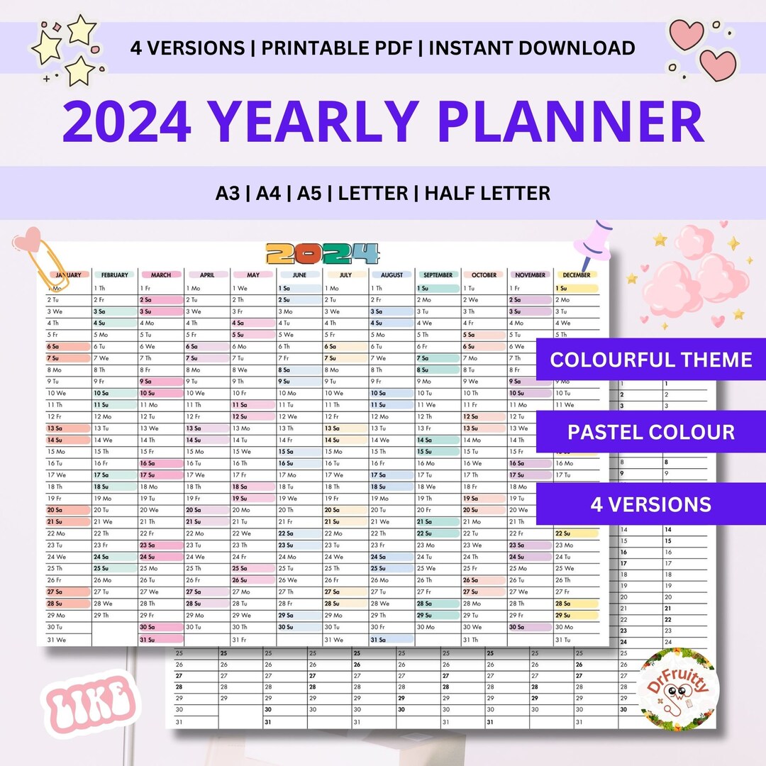 Printable Calendar 2024 Year Planner Yearly Overview - Etsy Canada