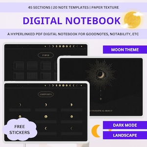 Hyperlinked Digital Notebook Landscape for Goodnotes, Notability, Noteshelf, iPad, Dark Mode (Dot, Grid, Blank, Lined, Cornell Templates)