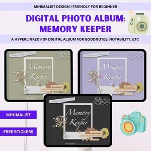 Könnte beinhalten: Digitales Fotoalbum "Memory Keeper" in minimalistischem Design. Das Bild zeigt drei digitale Albumcover in Grün, Lila und Schwarz, jedes mit einem weißen Rahmen und floralen Akzenten. Der Text "Memory Keeper" ist deutlich sichtbar.