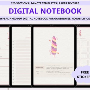 Portrait Digital Notebook, 120 Hyperlinked Tabs, Student Note Taking Digital Notepad, Digital Note Paper Template, Digital Notebook for Ipad