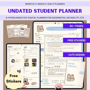 Peut inclure: Un planificateur d'études numérique non daté avec un design d'ours mignon. Le planificateur comprend plus de 80 pages. Le planificateur est hyperlié et peut être utilisé avec des applications comme Goodnotes et Notability. Le planificateur est livré avec des autocollants gratuits.