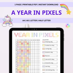 Um ano em pixels para impressão, diário anual do Mood Tracker, modelo de ano em pixels, inserções de planejador minimalista, PDF, A4/A5/Carta/Meia Carta