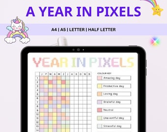 A Year in Pixels Printable, Yearly Mood Tracker Journal, Year in Pixels Template, Minimalist Planner Inserts, PDF, A4/A5/Letter/Half Letter