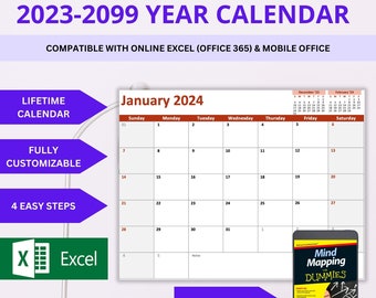 Plantilla de calendario mensual de por vida en Excel: Planificador anual editable (descarga digital)