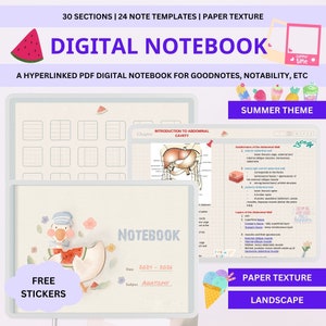 Puede incluir: Un cuaderno digital con temática de verano. La portada presenta un pato de dibujos animados sosteniendo una sandía. El cuaderno está diseñado para las aplicaciones GoodNotes y Notability. Incluye 30 secciones y 24 plantillas de notas. El texto "FREE STICKERS" se muestra en una nube morada.