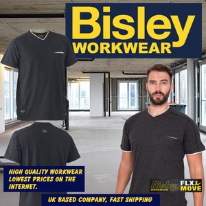 May include: A dark grey V-neck t-shirt with a white pocket on the left side. The shirt has a Bisley Workwear logo on the front. The text "HIGH QUALITY WORKWEAR LOWEST PRICES ON THE INTERNET. UK BASED COMPANY, FAST SHIPPING" is displayed below the shirt. The Bisley Workwear logo is also displayed in the bottom right corner of the image.