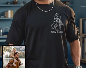 パーソナライズされた父の日アウトラインポートレートシャツ、カスタムラインアートTシャツ