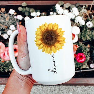 Sonnenblume Becher, Kundenspezifische Blumentasse, Sonnenblume Kaffeebecher, personalisierte Sonnenblume Liebhaber Geschenk, Sonnenblume Geschenke für sie, Sonnenblume Geschenke Frauen