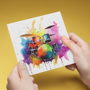 Carte de voeux vierge de kit de batterie colorée, carte de batterie arc-en-ciel pour les mélomanes, anniversaire, merci, célébration