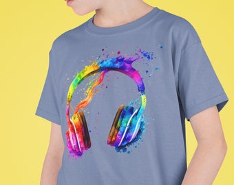 Camiseta infantil Rainbow Headphones: camiseta com música vibrante, algodão orgânico