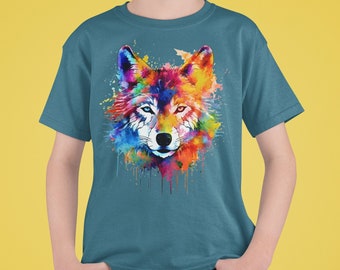 Regenbogen Wolf Kinder T-Shirt, Fuchs Hund Buntes T-Shirt