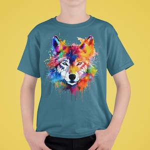 Rainbow Wolf Kids Tee, Fox Dog Colourful T-Shirt image 1