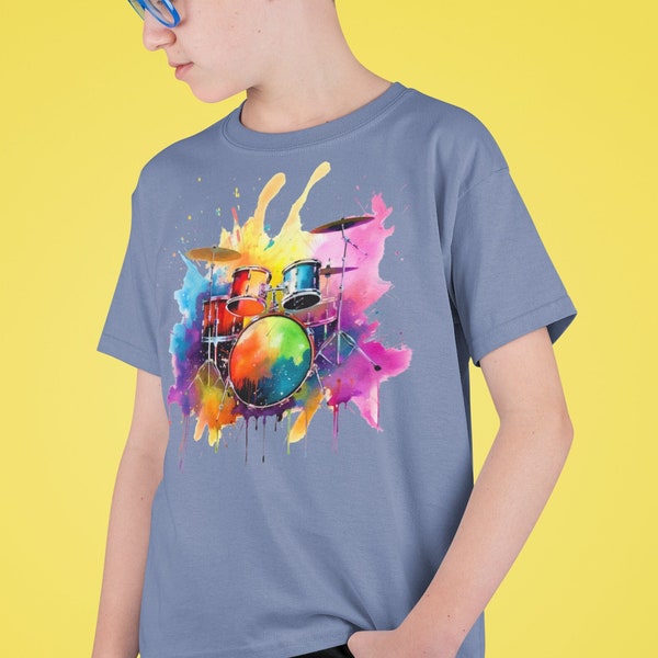 Drum Kit Kinder T-Shirt, Schlagzeuger Regenbogen T-Shirt, Musikliebhaber Shirt