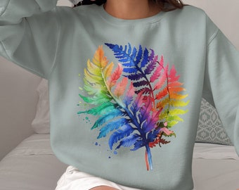 Rainbow Ferns Sweatshirt, Botanical Leaf Unisex Sweater, Witchy Cottagecore Rainbowcore