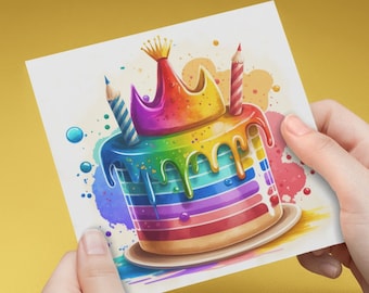 Crown Cake Rainbow Greeting Card,  blank card for child Birthday, thank you, celebration, congratulations