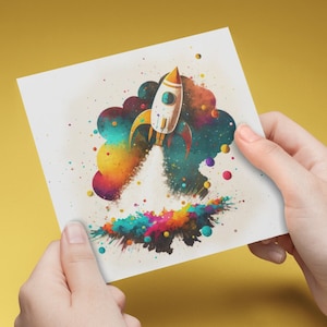 Tarjeta de felicitación de cohete espacial para niños, tarjeta en blanco con arcoíris para amantes del espacio, invitación de cumpleaños, tarjeta de celebración, felicitaciones