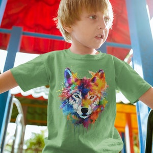 Rainbow Wolf Kids Tee, Fox Dog Colourful T-Shirt image 5