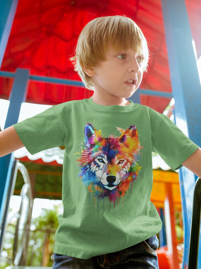 Rainbow Wolf Kids Tee, Fox Dog Colourful T-Shirt image 5